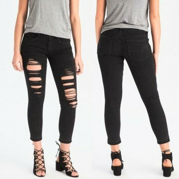 American Eagle Outfitters Denim - American Eagle Jegging Crop Black Distressed Ripped Frayed Skinny Ankle Jeans 2